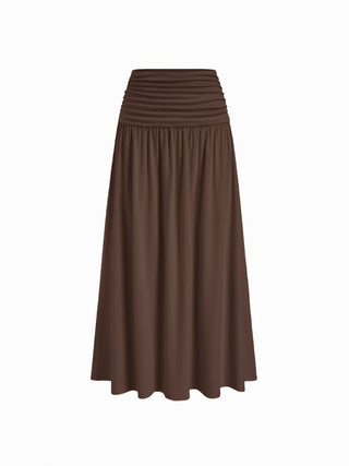 V-neck Twist Ruched Top & Mid Rise Ruched Flared Maxi Skirt Set