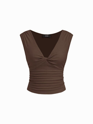 V-neck Twist Ruched Top & Mid Rise Ruched Flared Maxi Skirt Set
