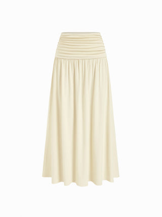 V-neck Twist Ruched Top & Mid Rise Ruched Flared Maxi Skirt Set