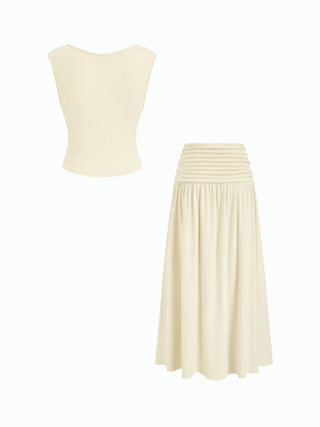 V-neck Twist Ruched Top & Mid Rise Ruched Flared Maxi Skirt Set