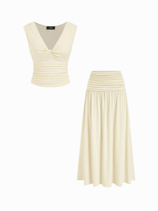 V-neck Twist Ruched Top & Mid Rise Ruched Flared Maxi Skirt Set