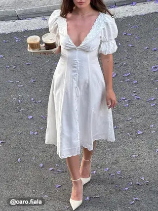 Broderie Anglaise Rose Floral V-neck Puff Sleeve Flared Midi Dress