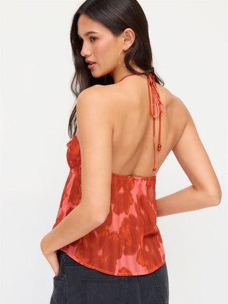 Chiffon Floral Graphic Halter Neckline Ruched Blouse