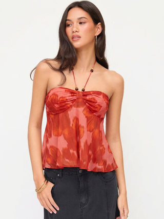 Chiffon Floral Graphic Halter Neckline Ruched Blouse