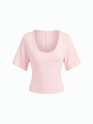 Cotton-blend U-neckline Short Bell Sleeve Tee