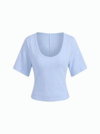 Cotton-blend U-neckline Short Bell Sleeve Tee
