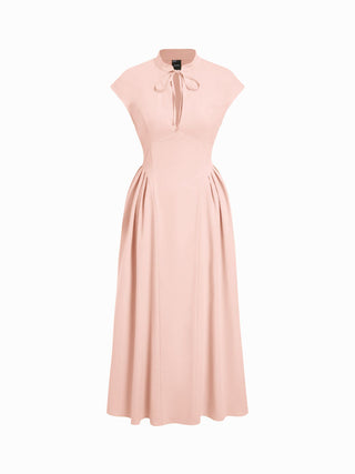 Stand Collar Tie-Neck Short Sleeve Draped Pocket Flared Maxi Dress