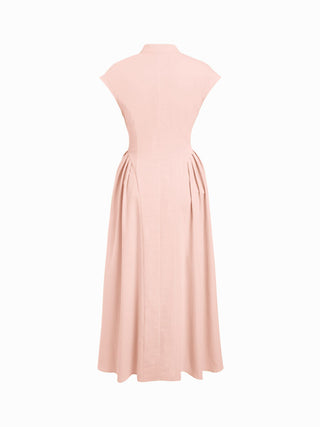 Stand Collar Tie-Neck Short Sleeve Draped Pocket Flared Maxi Dress