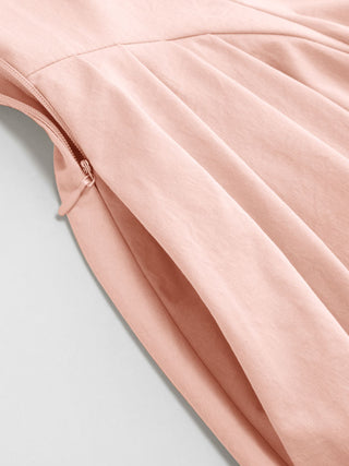 Stand Collar Tie-Neck Short Sleeve Draped Pocket Flared Maxi Dress