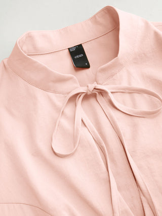 Stand Collar Tie-Neck Short Sleeve Draped Pocket Flared Maxi Dress