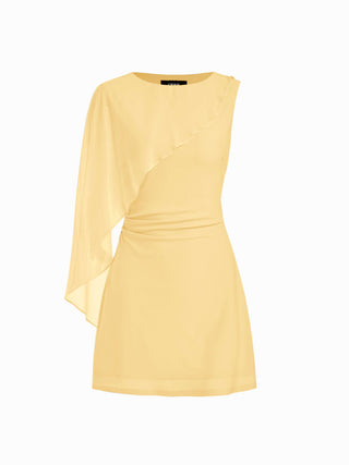Textured Boat Neck Ruched Asymmetrical Draped A-line Mini Dress