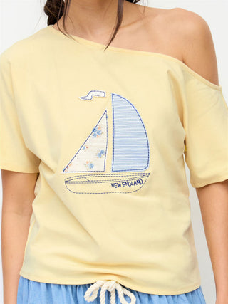 Cotton-blend Off-shoulder Sailing Graphic Embroidery Oversized Tee