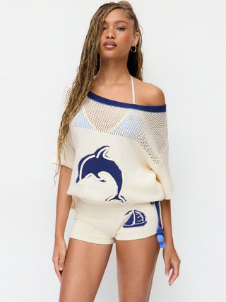 Knit Mid Rise Sailboat Graphic Embroidery Pom Pom Detail Micro Shorts