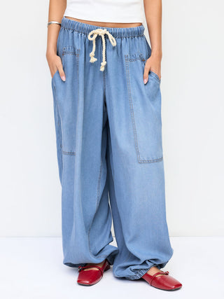 Denim High Rise Washed Drawstring Jogger Oversized Jeans
