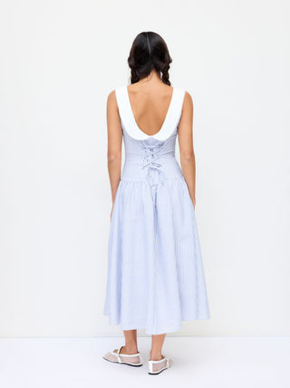 Linen-Blend Sculptural Striped U-neckline Lace up Backless Maxi Dress