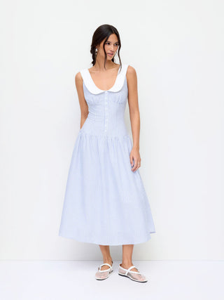 Linen-Blend Sculptural Striped U-neckline Lace up Backless Maxi Dress