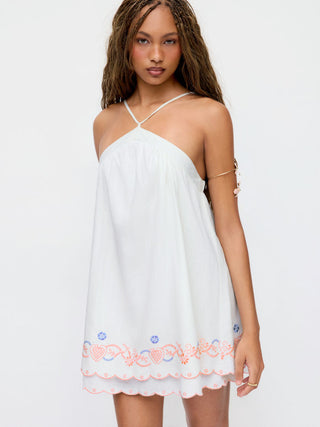 Linen-blend Halter Neckline Fruit Embroidery Scalloped Hem Oversized A-line Mini Dress
