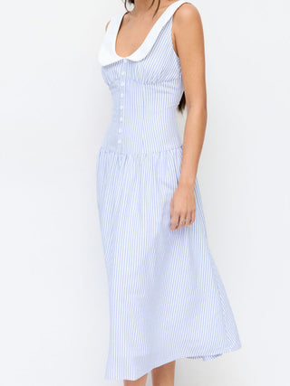 Linen-Blend Sculptural Striped U-neckline Lace up Backless Maxi Dress
