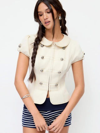 Cotton-Blend Peter Pan Collar Puff Sleeve Metal Detail Blouse