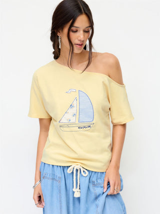 Cotton-blend Off-shoulder Sailing Graphic Embroidery Oversized Tee