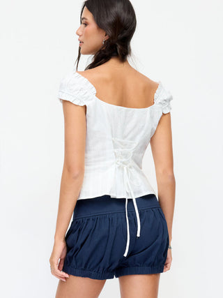 Cotton-blend Square Neck Ruffled Lace-up Corset Blouse