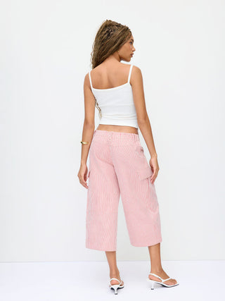 Cotton-blend Mid Rise Striped Cargo Barrel-leg Capri Trousers