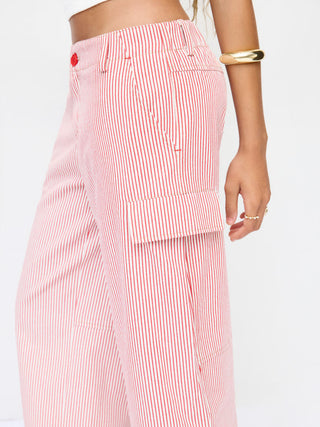 Cotton-blend Mid Rise Striped Cargo Barrel-leg Capri Trousers