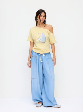 Cotton-blend Off-shoulder Sailing Graphic Embroidery Oversized Tee