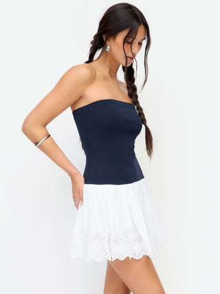 Cotton-blend Colorblock Broderie Anglaise A-line Mini Dress
