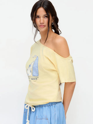 Cotton-blend Off-shoulder Sailing Graphic Embroidery Oversized Tee