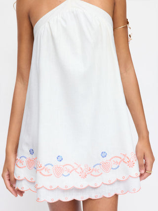Linen-blend Halter Neckline Fruit Embroidery Scalloped Hem Oversized A-line Mini Dress