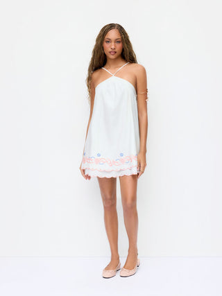 Linen-blend Halter Neckline Fruit Embroidery Scalloped Hem Oversized A-line Mini Dress