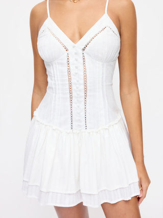 Cotton-blend V-neck Lace Panel Corset Ruffle Hem Flared Cami Mini Dress