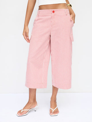 Cotton-blend Mid Rise Striped Cargo Barrel-leg Capri Trousers
