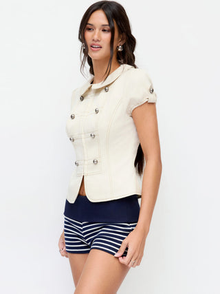 Cotton-Blend Peter Pan Collar Puff Sleeve Metal Detail Blouse