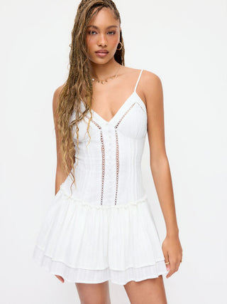 Cotton-blend V-neck Lace Panel Corset Ruffle Hem Flared Cami Mini Dress