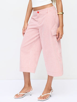 Cotton-blend Mid Rise Striped Cargo Barrel-leg Capri Trousers