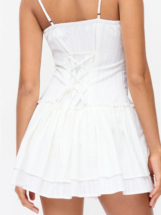 Cotton-blend V-neck Lace Panel Corset Ruffle Hem Flared Cami Mini Dress