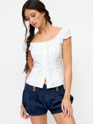 Cotton-blend Square Neck Ruffled Lace-up Corset Blouse