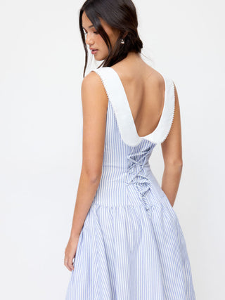 Linen-Blend Sculptural Striped U-neckline Lace up Backless Maxi Dress