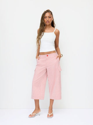 Cotton-blend Mid Rise Striped Cargo Barrel-leg Capri Trousers