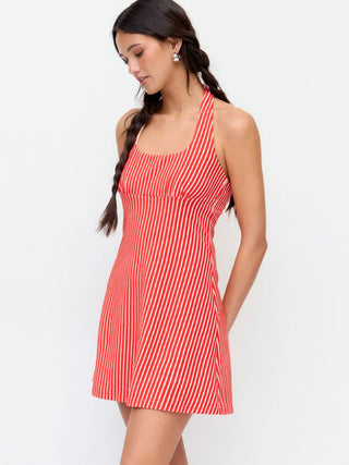Cotton-Blend Striped Halter Neckline Backless A-Line Mini Dress