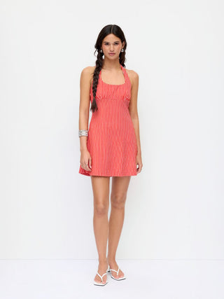 Cotton-Blend Striped Halter Neckline Backless A-Line Mini Dress