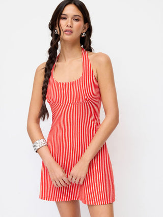 Cotton-Blend Striped Halter Neckline Backless A-Line Mini Dress