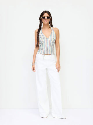 Cotton-blend Striped Halter Neck Backless Top