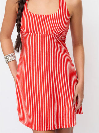 Cotton-Blend Striped Halter Neckline Backless A-Line Mini Dress