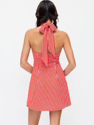 Cotton-Blend Striped Halter Neckline Backless A-Line Mini Dress