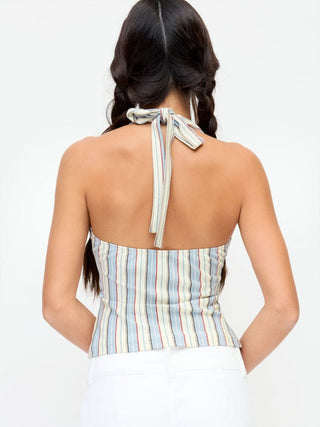 Cotton-blend Striped Halter Neck Backless Top
