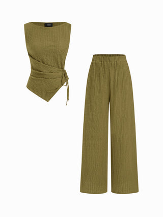 Texture Boat Neck Asymmetrical Hem Top & Mid Rise Straight Leg Trousers Set