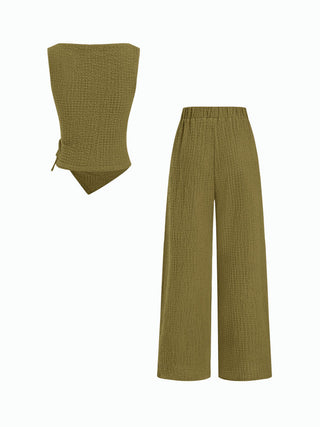 Texture Boat Neck Asymmetrical Hem Top & Mid Rise Straight Leg Trousers Set
